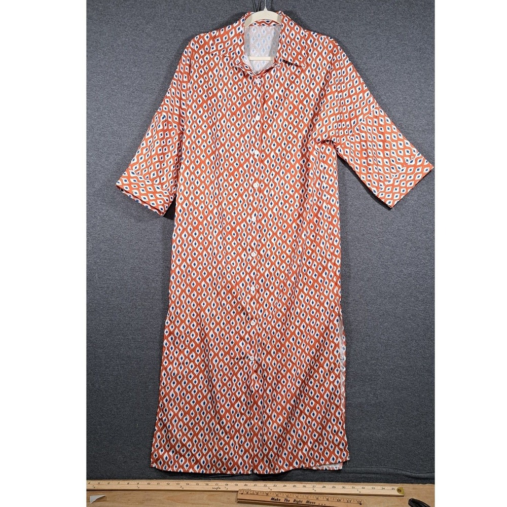 Orange Geometric Print Maxi Shirt Dress 3/4 Sleeve Button Front Size S 0842